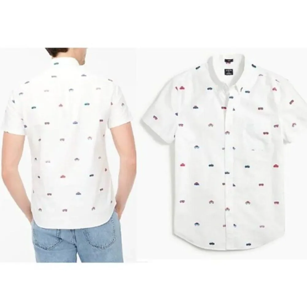 J Crew Men's Flex Oxford Tops 2XL Cotton Slim Fit Cars Graphic Print Shirt $89